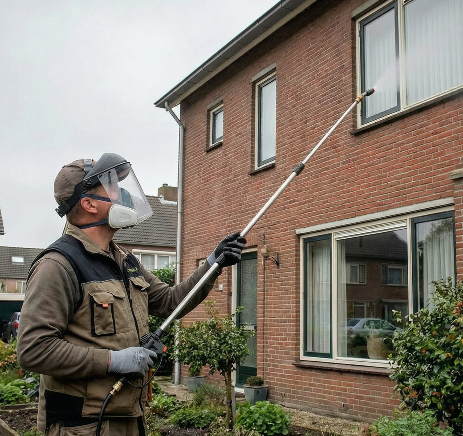 Specialist met gelaatsscherm en masker behandelt de gevel van een woning tegen spinnen